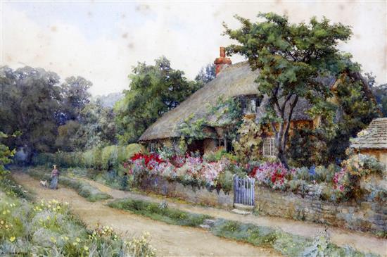 Ernest Albert Chadwick (1876-1955) Woman passing at thatched cottage 10 x 14.75in.